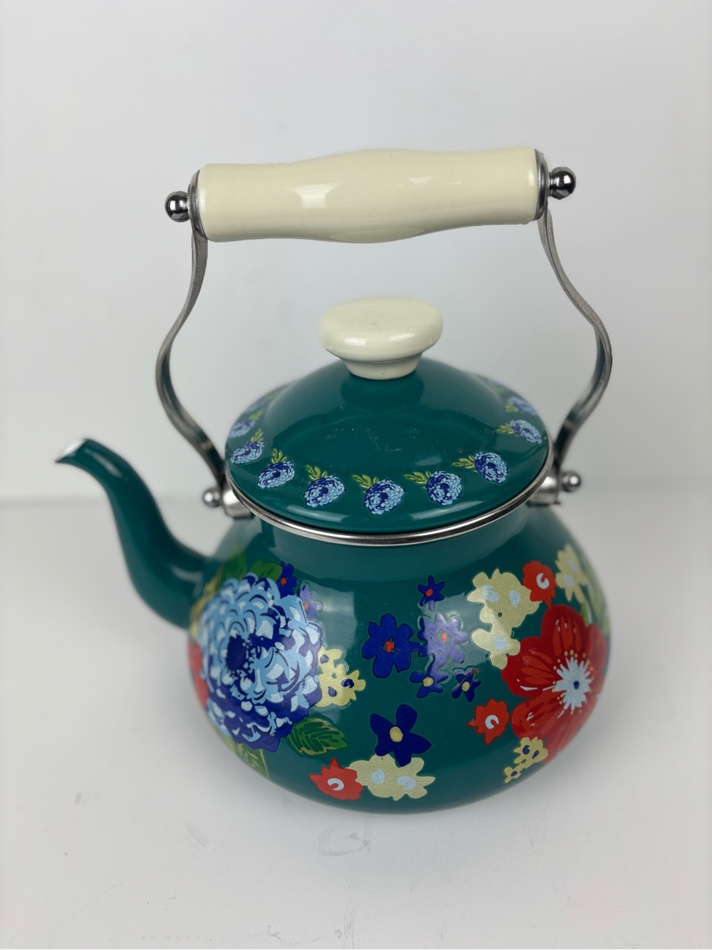 Pioneer Woman Teal Floral Enamel Tea Kettle-EUC-RARE color!